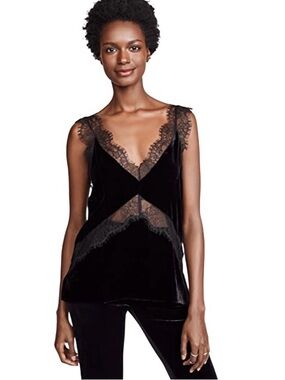 Cami NYC "The Josie" Velvet Lace Top Black Lace-Trim Sleeveless Deep V-Line L